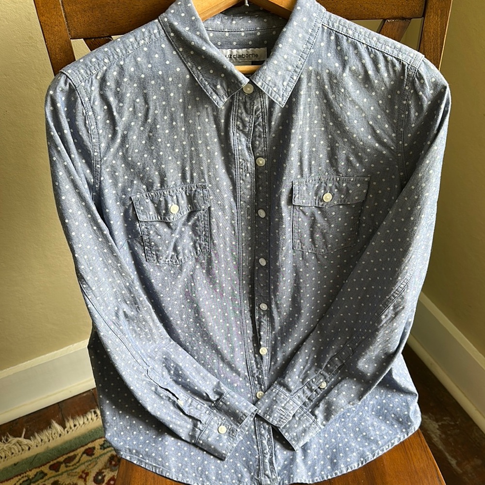 Liz Claiborne Blue and White Polka Dot Button Down 100% Cotton Shirt szM